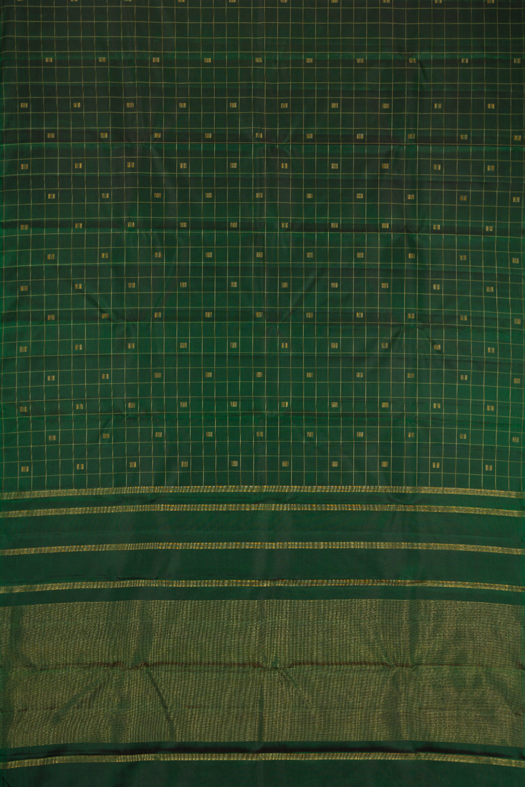 Flat view of Pure Silk Pure Zari Green Dual Tone Kanjivaram Saree with Checked design on the body and Without Border. 
