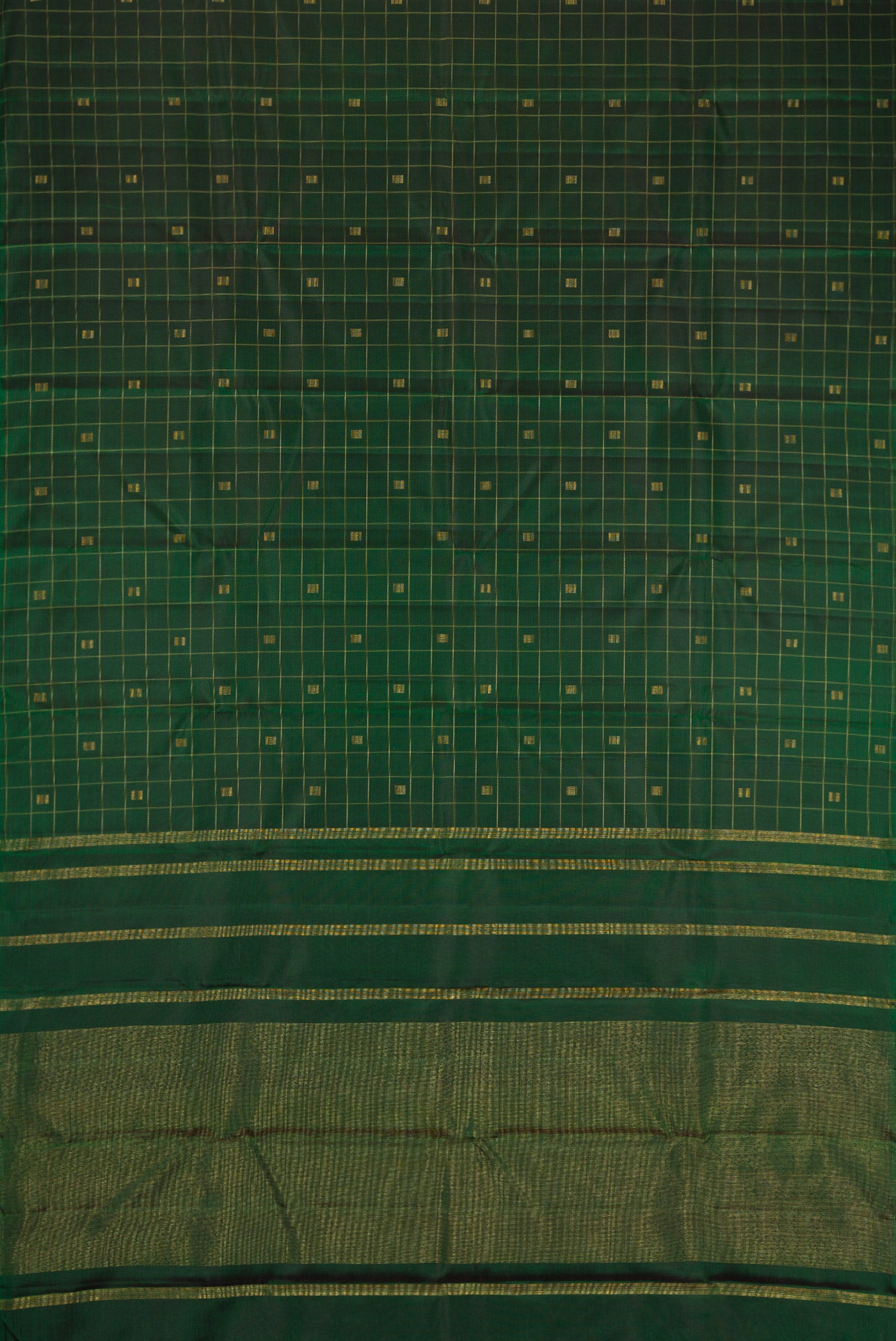 Flat view of Pure Silk Pure Zari Green Dual Tone Kanjivaram Saree with Checked design on the body and Without Border. 