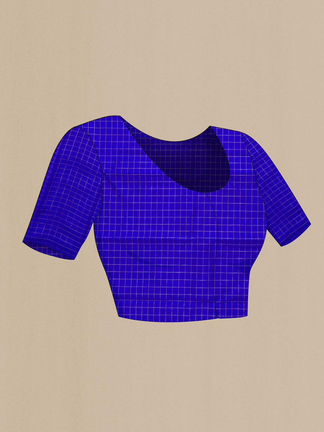 Close up image of the blouse of Pure Silk Pure Zari Royal Blue Dual Tone Kanchipuram Saree with Checked design on the body and Without Border. 