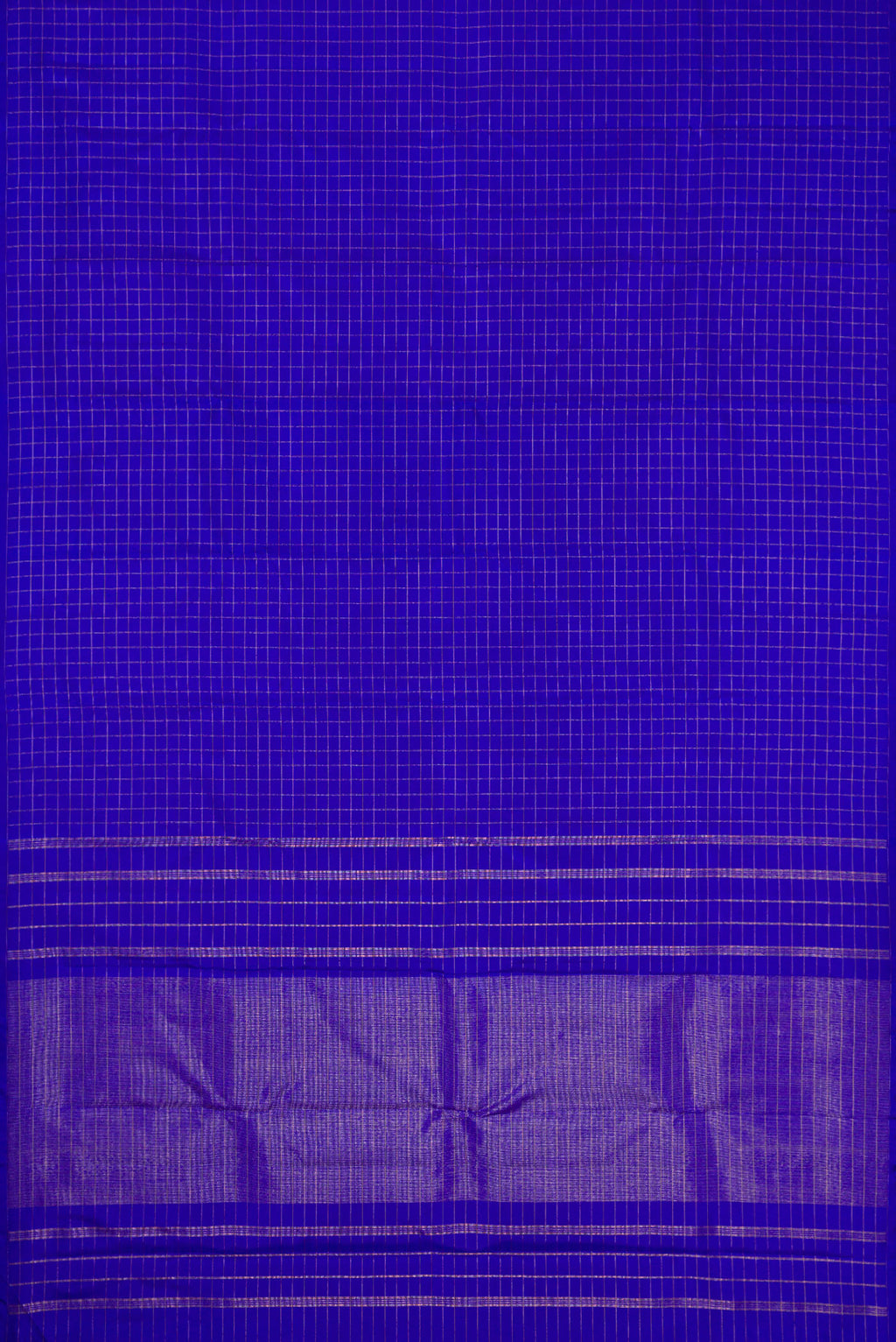 Flat view of Pure Silk Pure Zari Royal Blue Dual Tone Kanchipuram Saree with Checked design on the body and Without Border. 