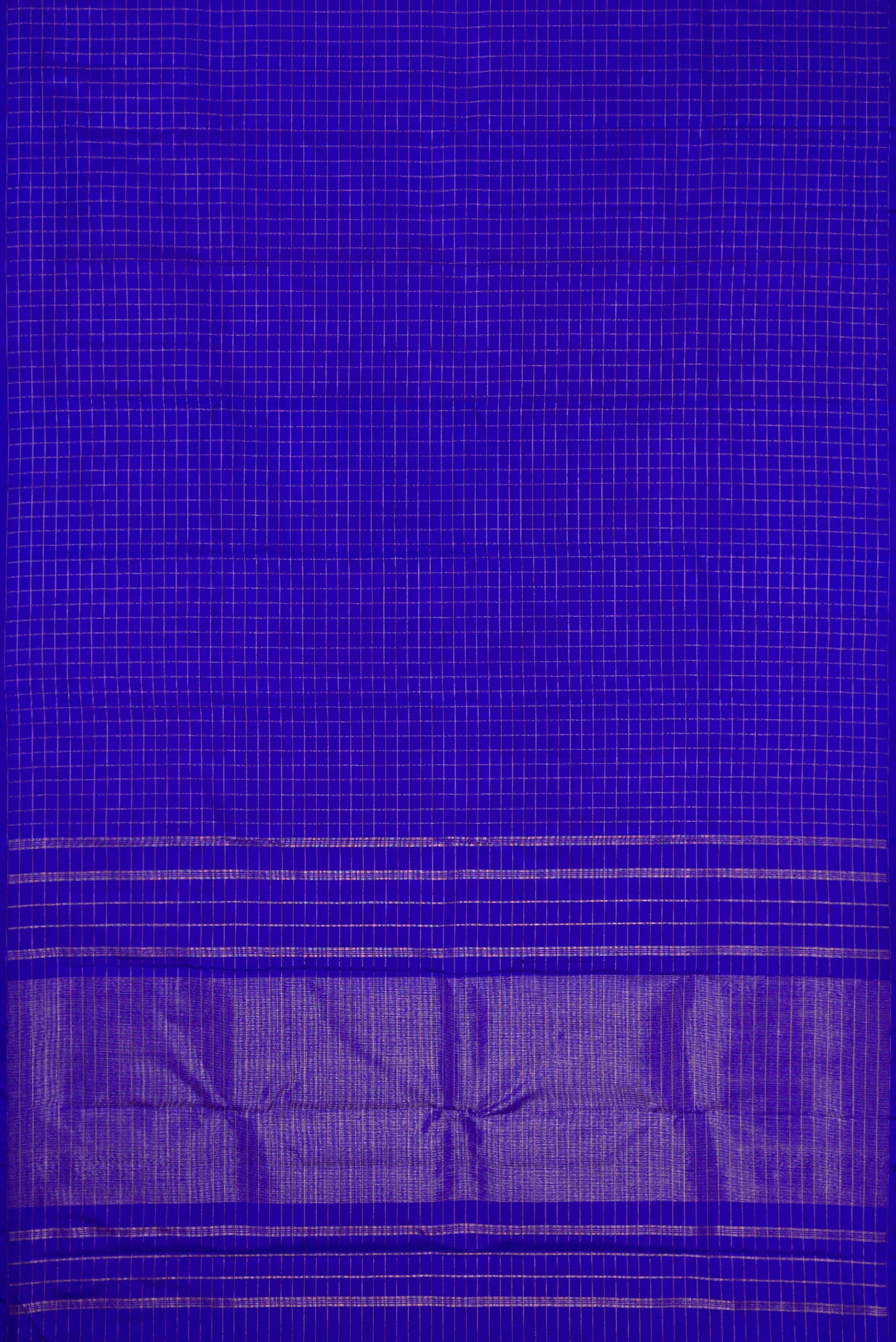 Flat view of Pure Silk Pure Zari Royal Blue Dual Tone Kanchipuram Saree with Checked design on the body and Without Border. 