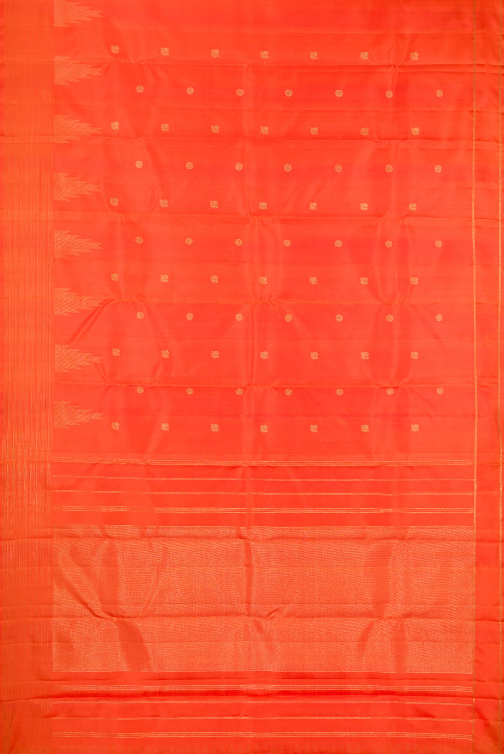 Flat view of Pure Silk Pure Zari Orange Kanchipuram Saree with Zari Butta on the body and Fancy Border. 