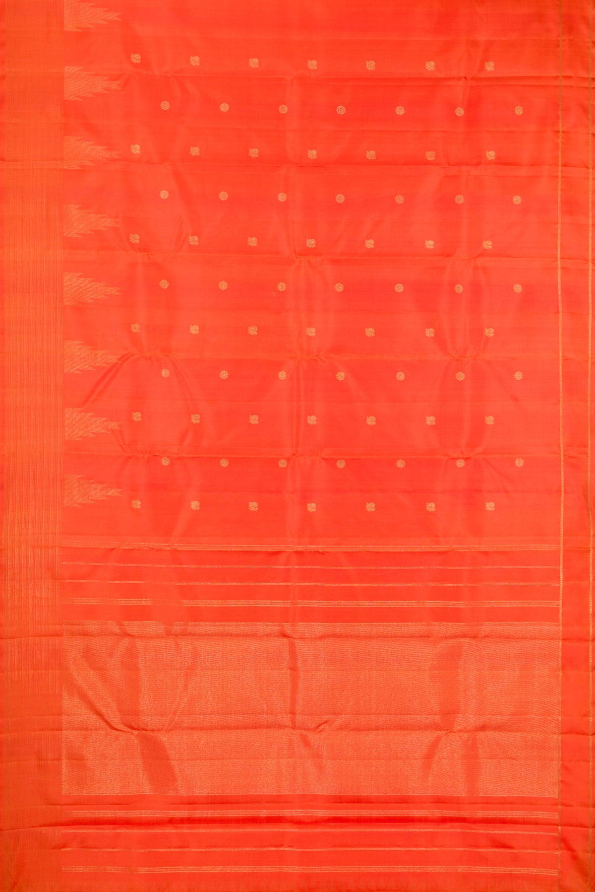Flat view of Pure Silk Pure Zari Orange Kanchipuram Saree with Zari Butta on the body and Fancy Border. 