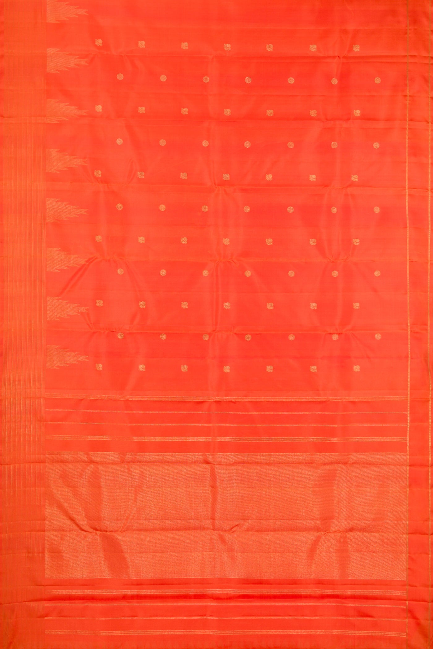 Flat view of Pure Silk Pure Zari Orange Kanchipuram Saree with Zari Butta on the body and Fancy Border. 