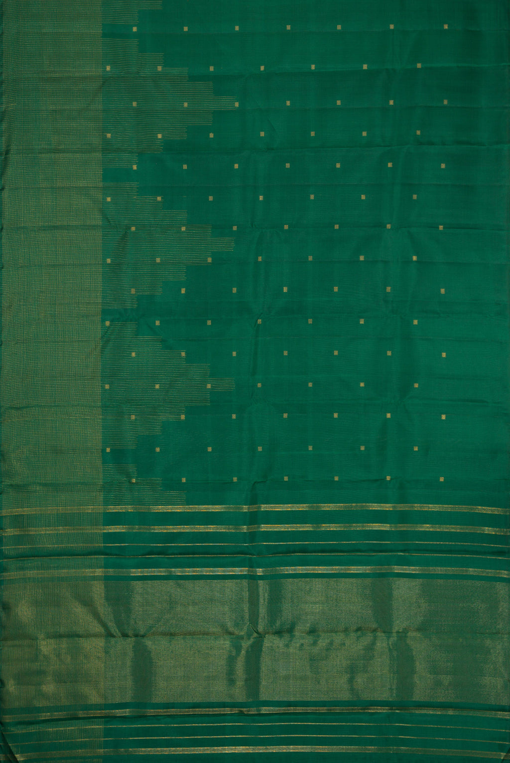 Flat view of Pure Silk Pure Zari Bottle Green Dual Tone Kanchipuram Saree with Zari Butta on the body and Fancy Border. 