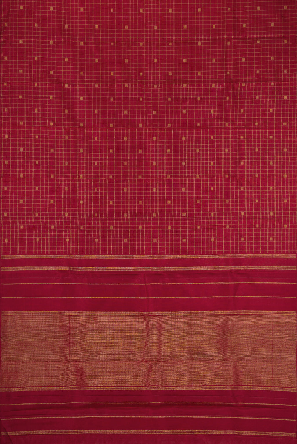 Flat view of Pure Silk Pure Zari Maroon Dual Tone Kanchipuram Saree with Checked design on the body and Without Border. 