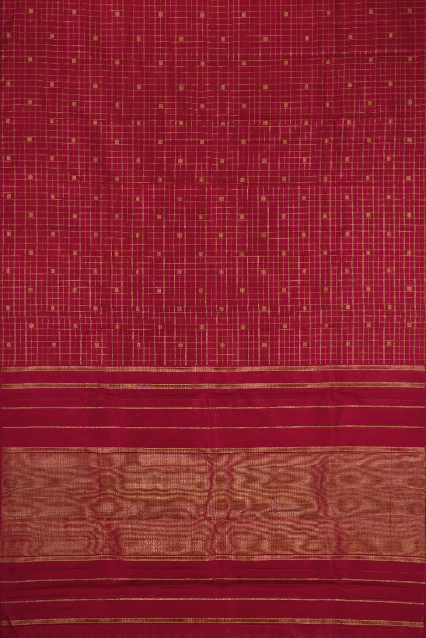 Flat view of Pure Silk Pure Zari Maroon Dual Tone Kanchipuram Saree with Checked design on the body and Without Border. 