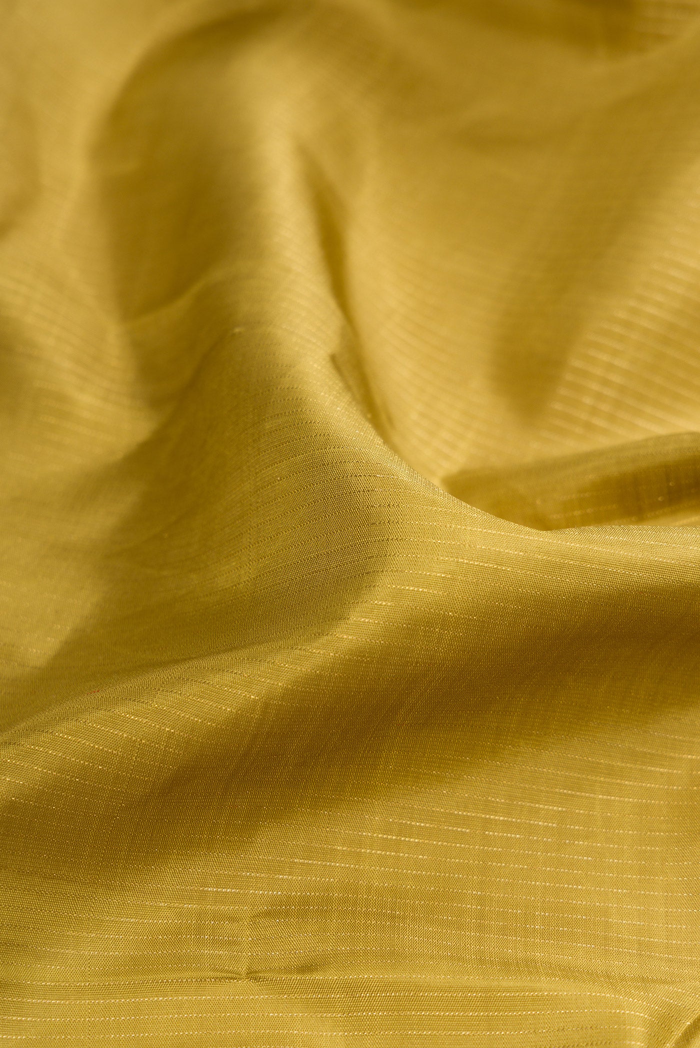 Close up of Mehandi Green Dual Tone Kanchipuram Silk Saree with Stripes on the body and Fancy Border.  displaying folds