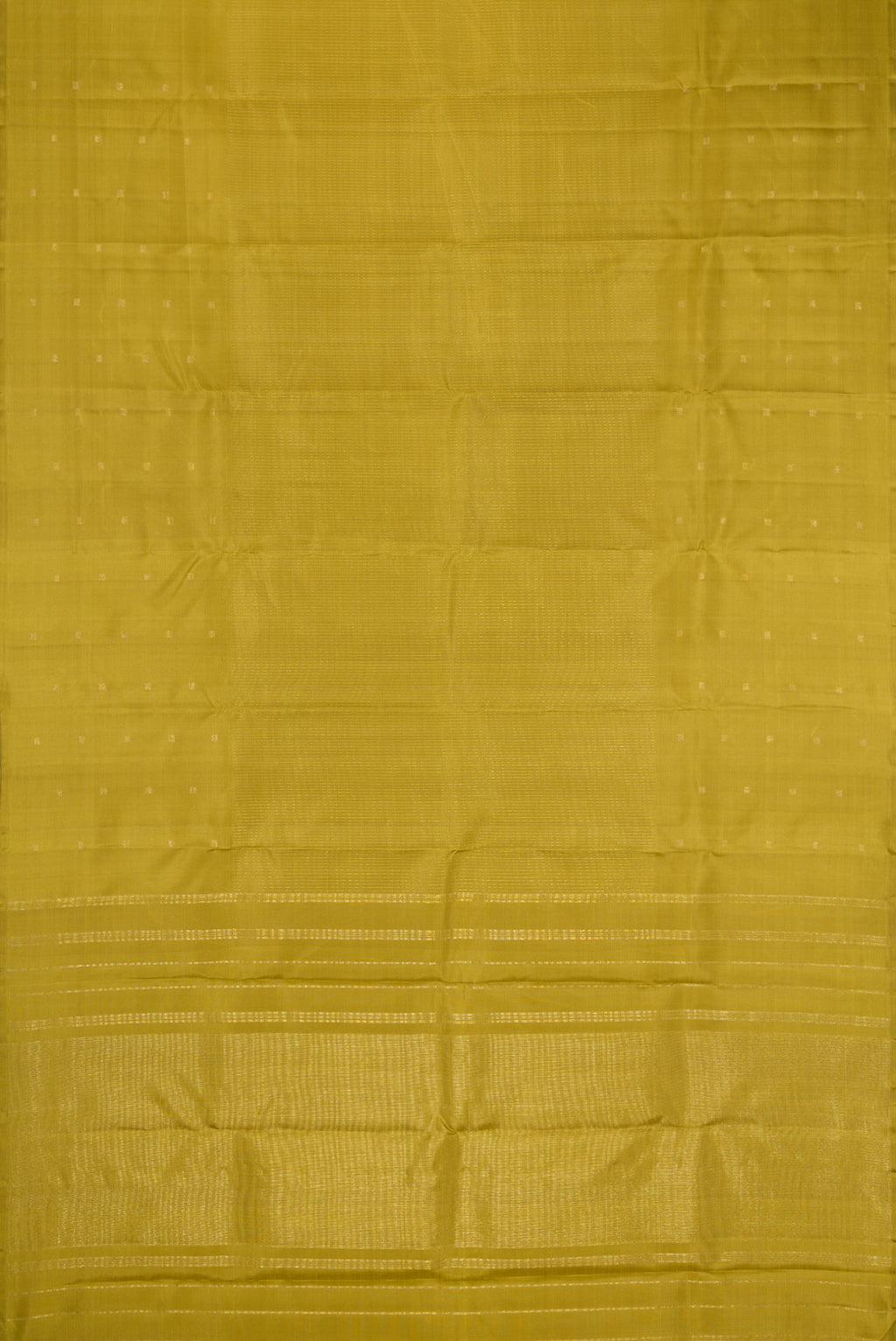 Flat view of Mehandi Green Dual Tone Kanchipuram Silk Saree with Stripes on the body and Fancy Border. 