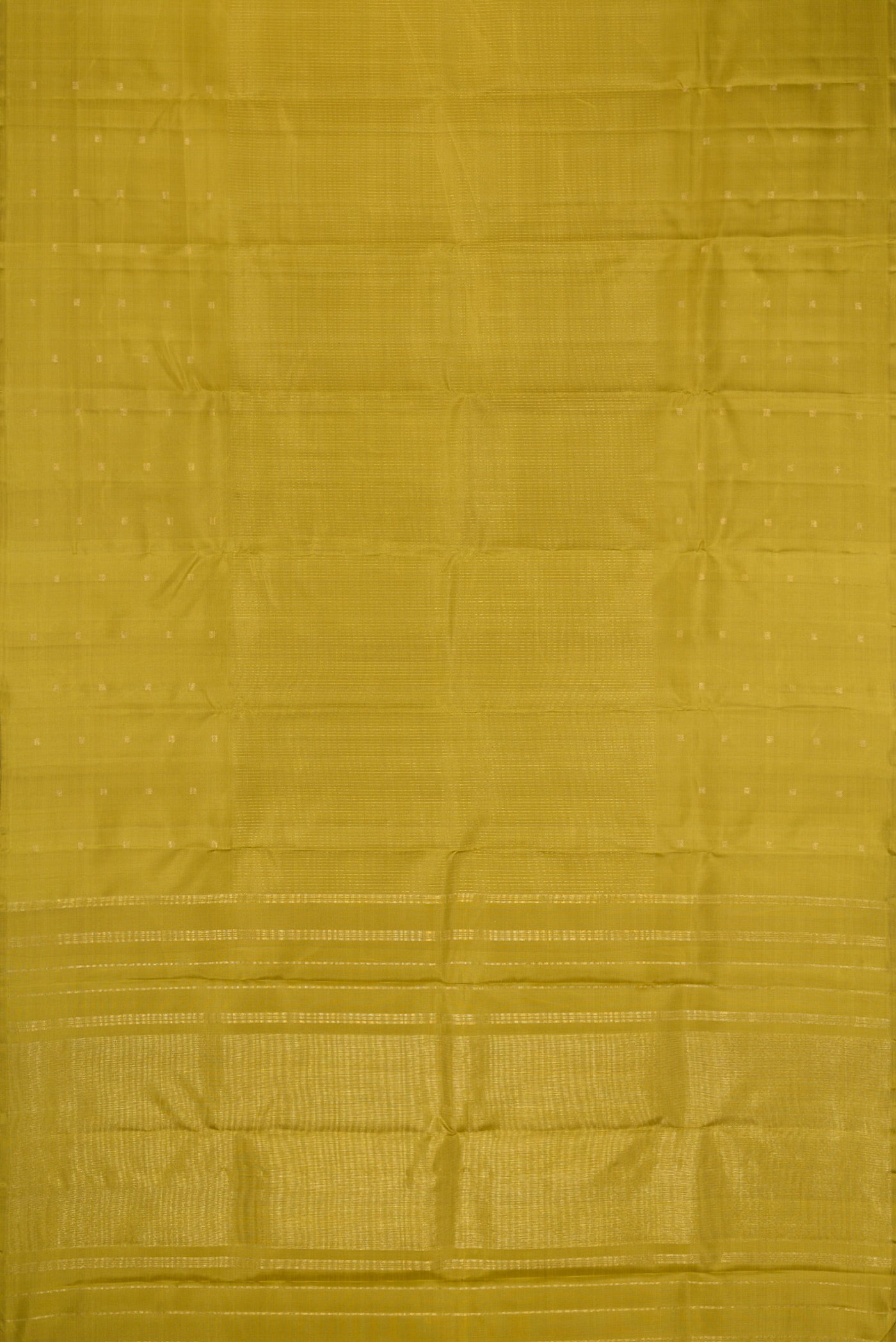 Flat view of Mehandi Green Dual Tone Kanchipuram Silk Saree with Stripes on the body and Fancy Border. 