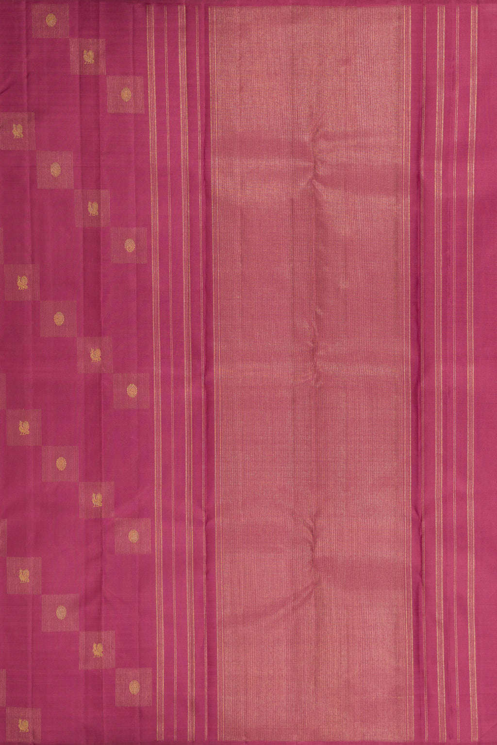 Close up image of the pallu of Pure Silk Pure Zari Rose Gold Dual Tone Kanjivaram Saree with Zari Butta on the body and Without Border. 
