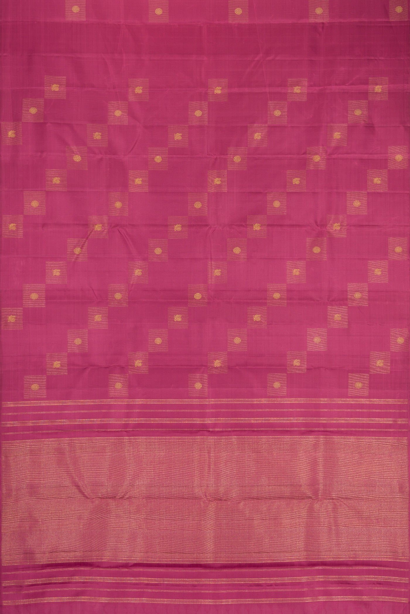 Flat view of Pure Silk Pure Zari Rose Gold Dual Tone Kanjivaram Saree with Zari Butta on the body and Without Border. 