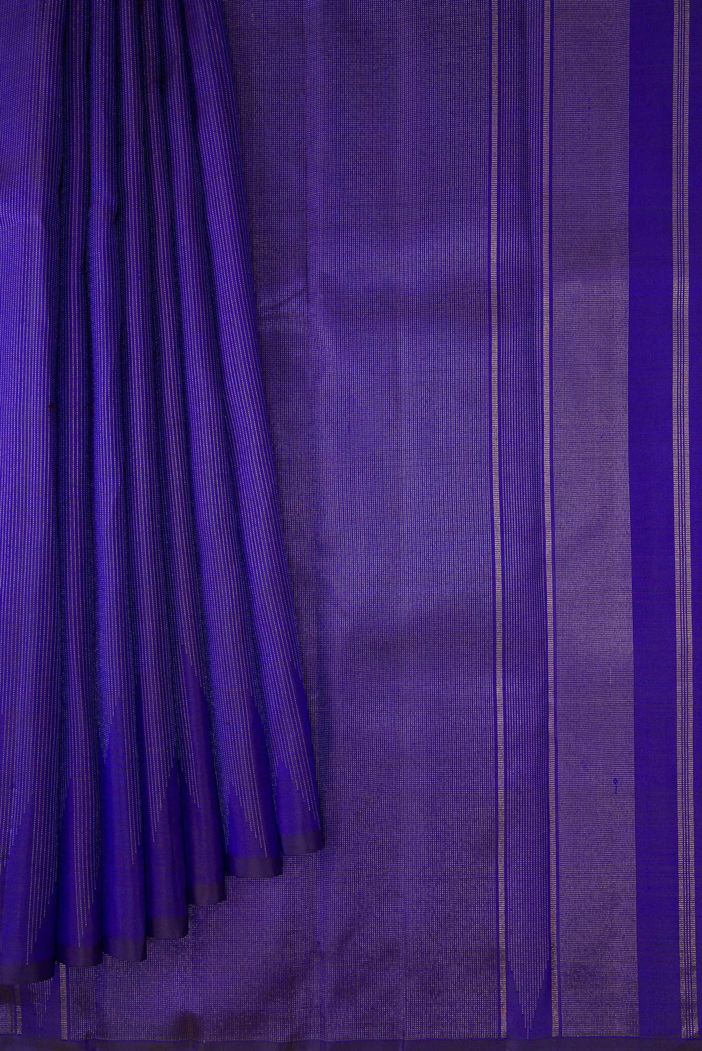 Pleats and pallu of Pure Silk Pure Zari Navy Blue Dual Tone Kanchipuram Saree with Stripes on the body and Fancy Border. 