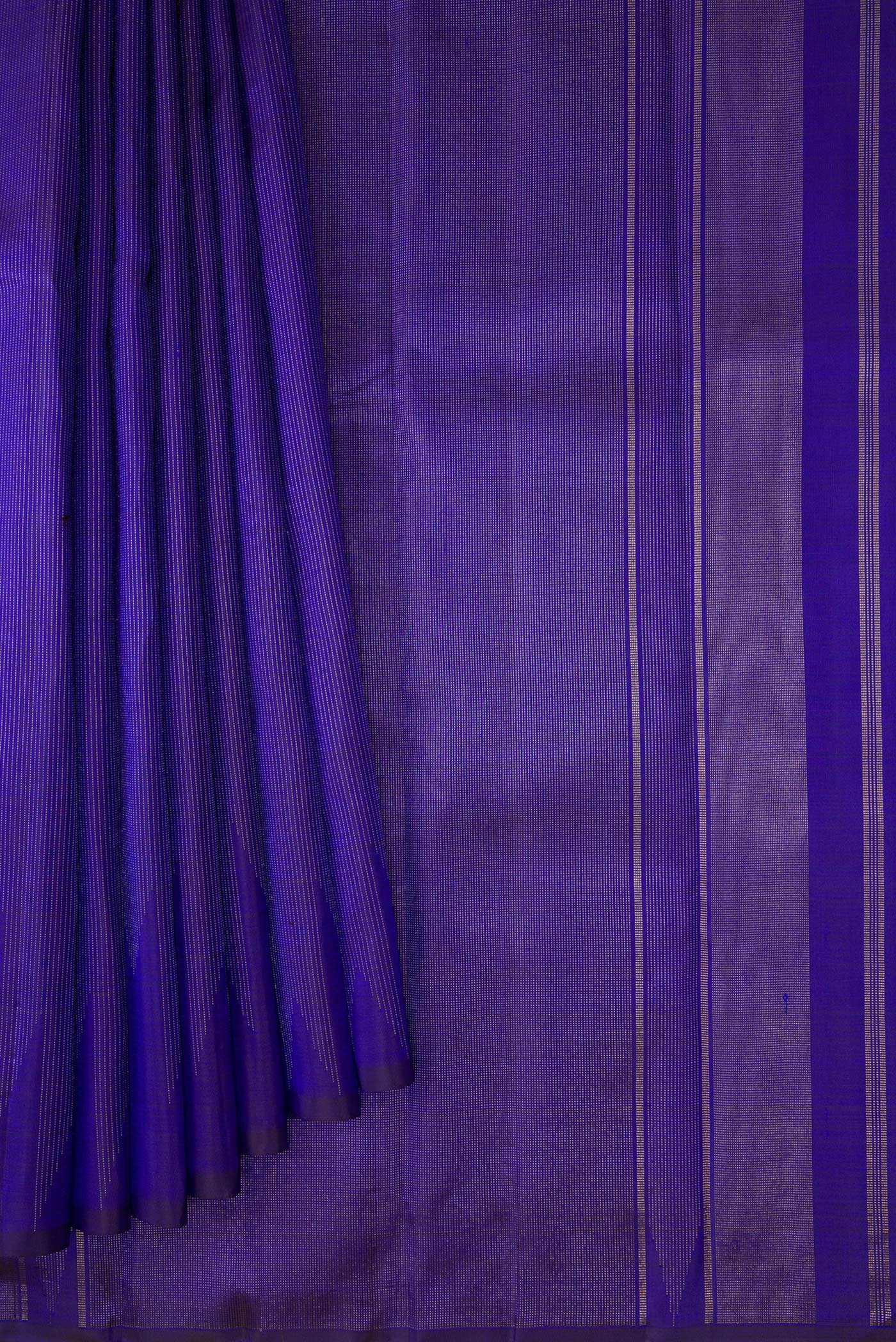 Pleats and pallu of Pure Silk Pure Zari Navy Blue Dual Tone Kanchipuram Saree with Stripes on the body and Fancy Border. 