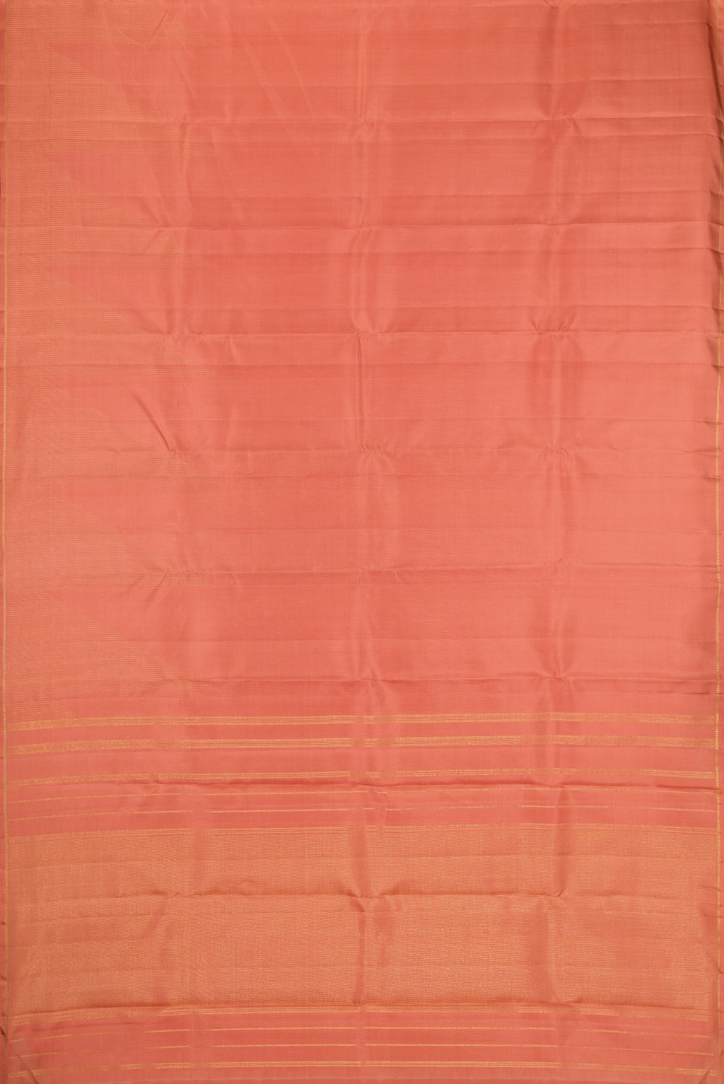 Flat view of Pure Silk Pure Zari Golden Peach Dual Tone Kanjivaram Saree with Stripes on the body and Fancy Border. 