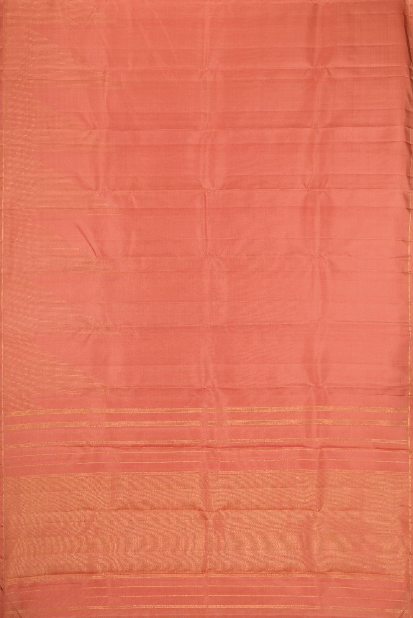 Flat view of Pure Silk Pure Zari Golden Peach Dual Tone Kanjivaram Saree with Stripes on the body and Fancy Border. 