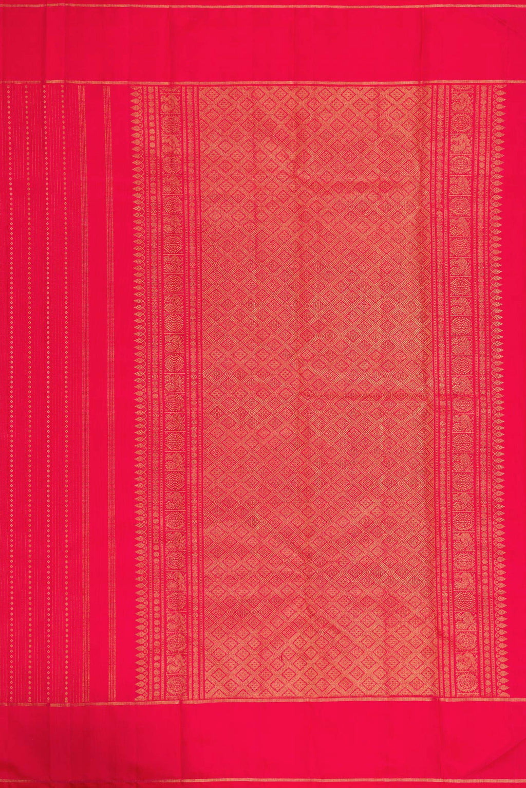 Close up image of the pallu of Pink Dual Tone Kanchipuram Silk Saree with Stripes on the body and Zari Border. 