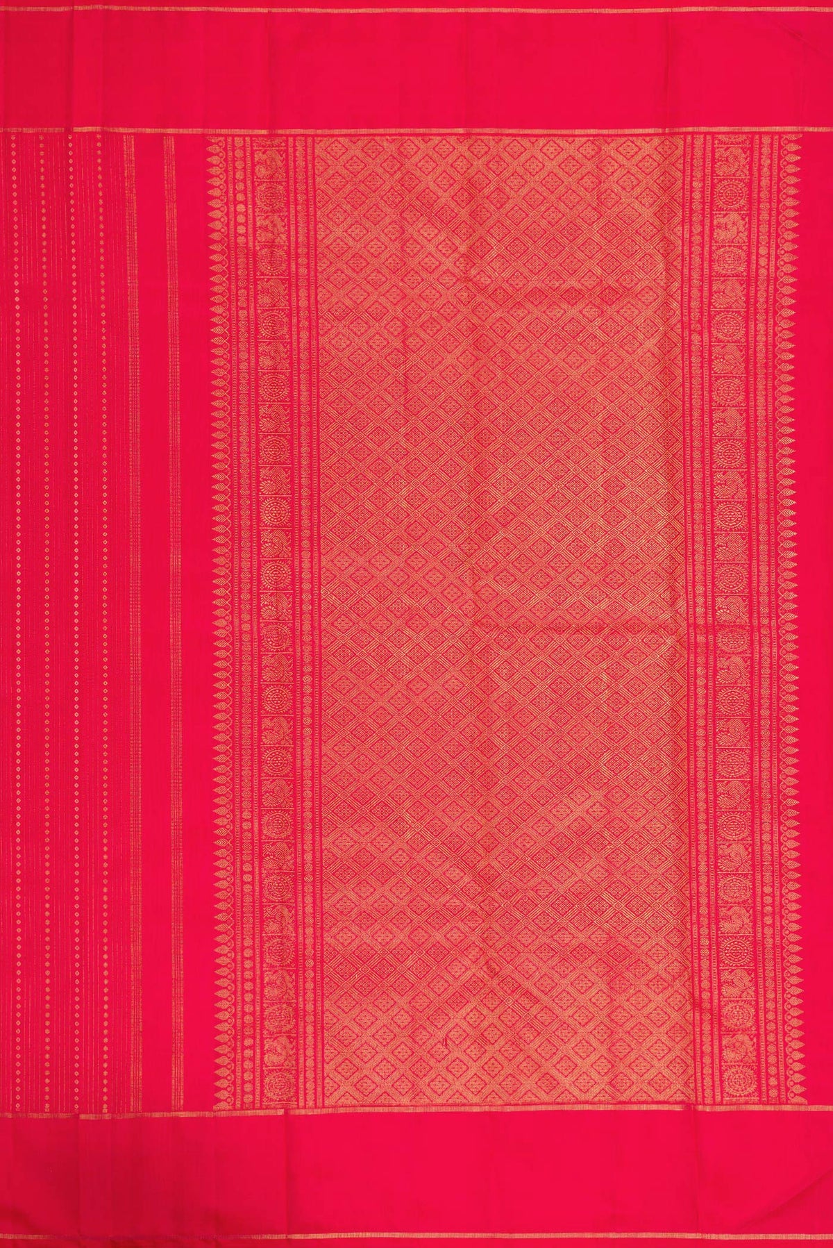 Close up image of the pallu of Pink Dual Tone Kanchipuram Silk Saree with Stripes on the body and Zari Border. 