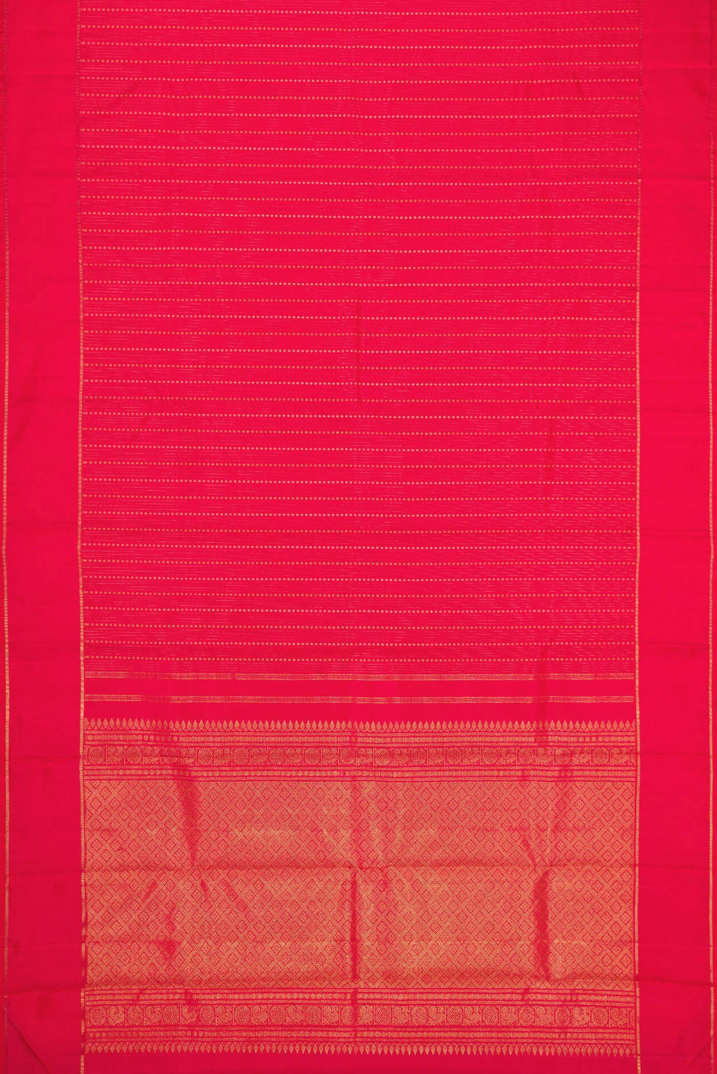 Flat view of Pink Dual Tone Kanchipuram Silk Saree with Stripes on the body and Zari Border. 