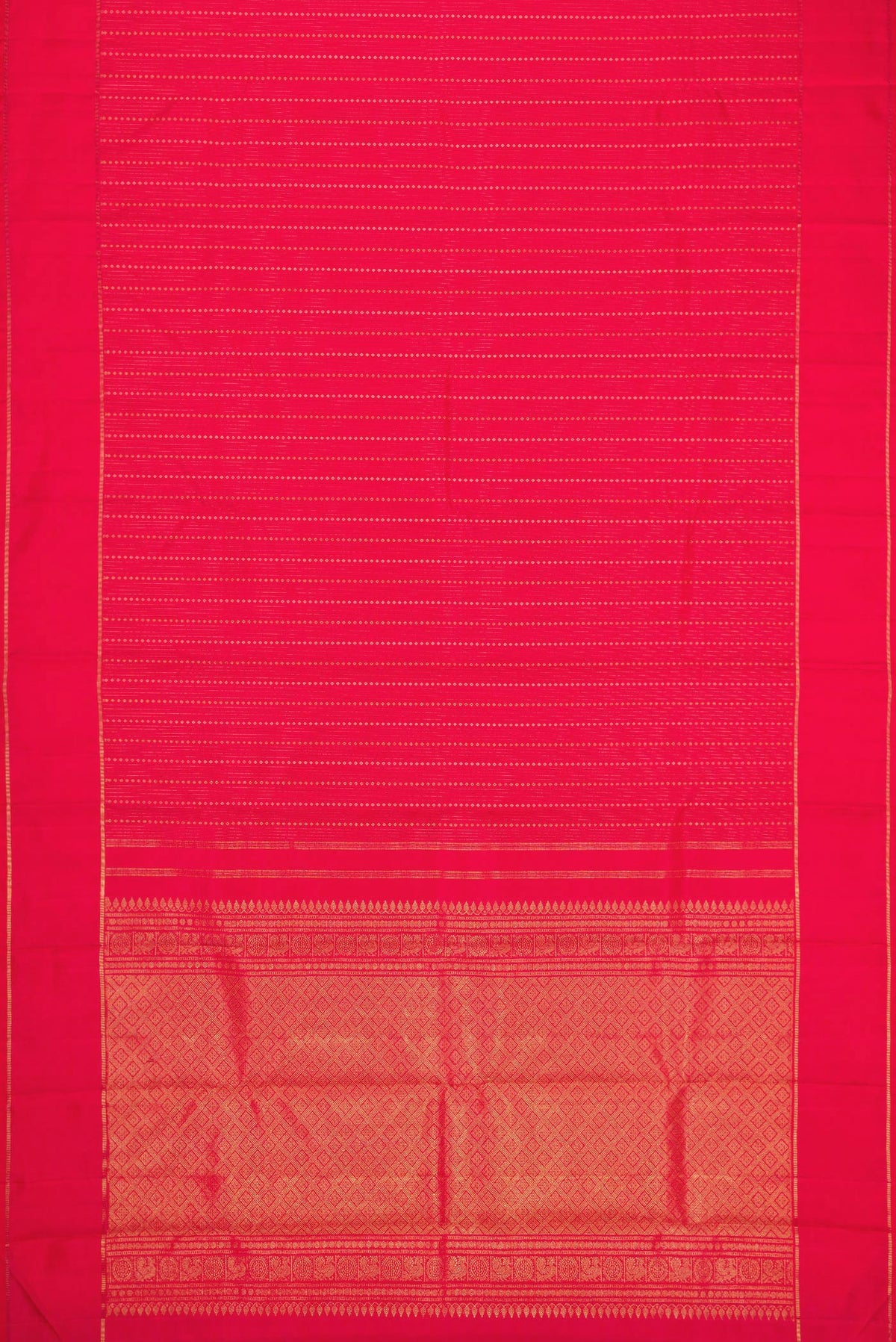 Flat view of Pink Dual Tone Kanchipuram Silk Saree with Stripes on the body and Zari Border. 