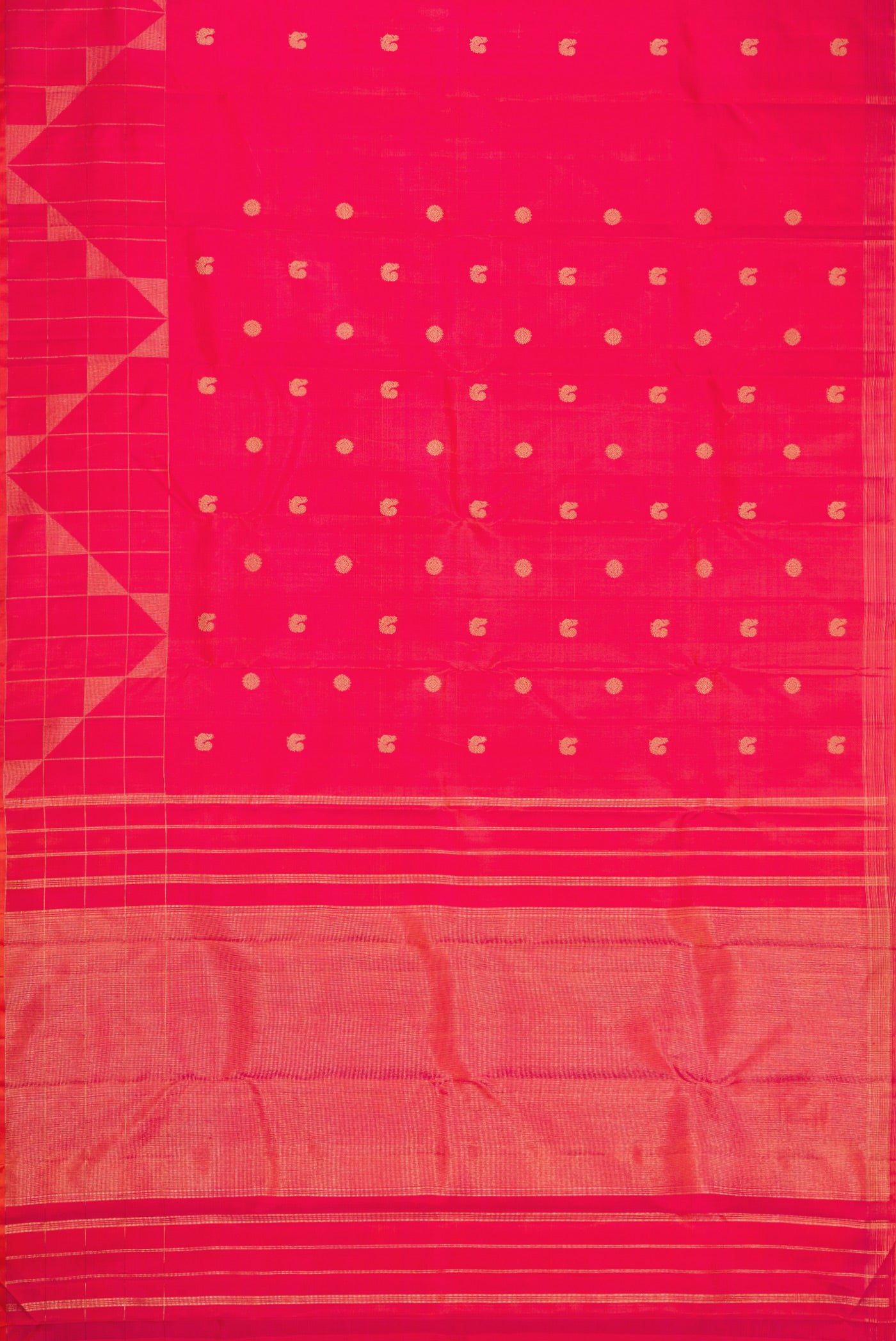 Flat view of Pure Silk Pure Zari Coral Dual Tone Kanchipuram Saree with Zari Butta on the body and Fancy Border. 
