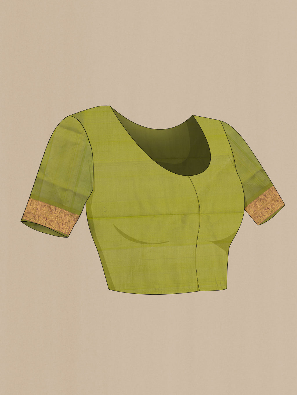 Close up image of the blouse of Green Silk Cotton Saree with Plain Body and Zari Border. 