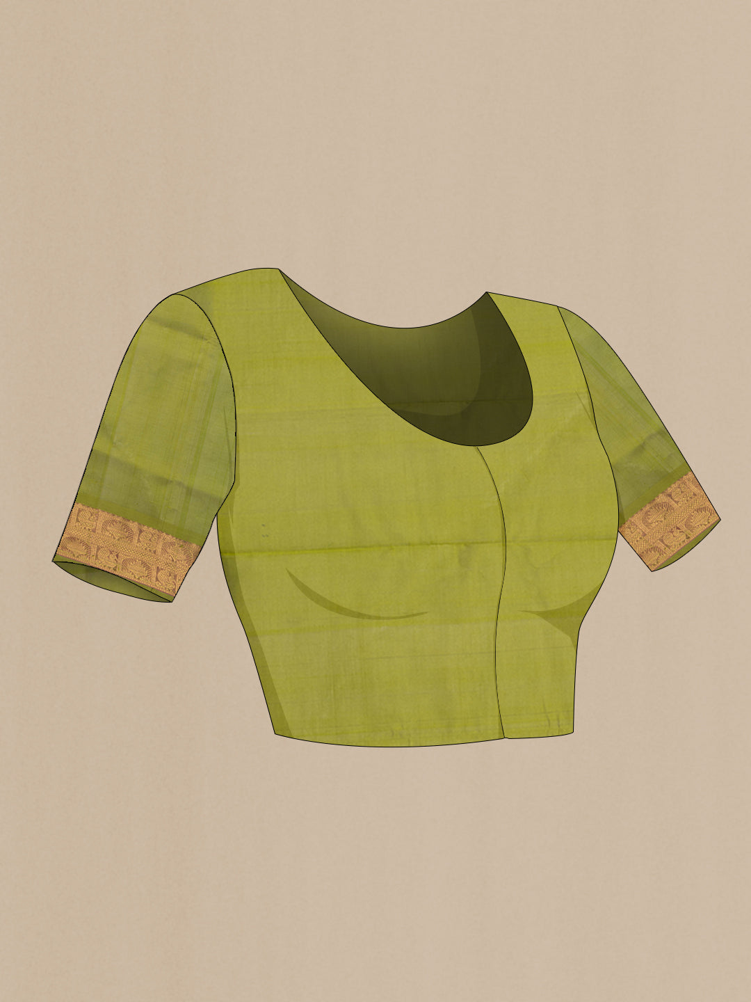 Close up image of the blouse of Green Silk Cotton Saree with Plain Body and Zari Border. 