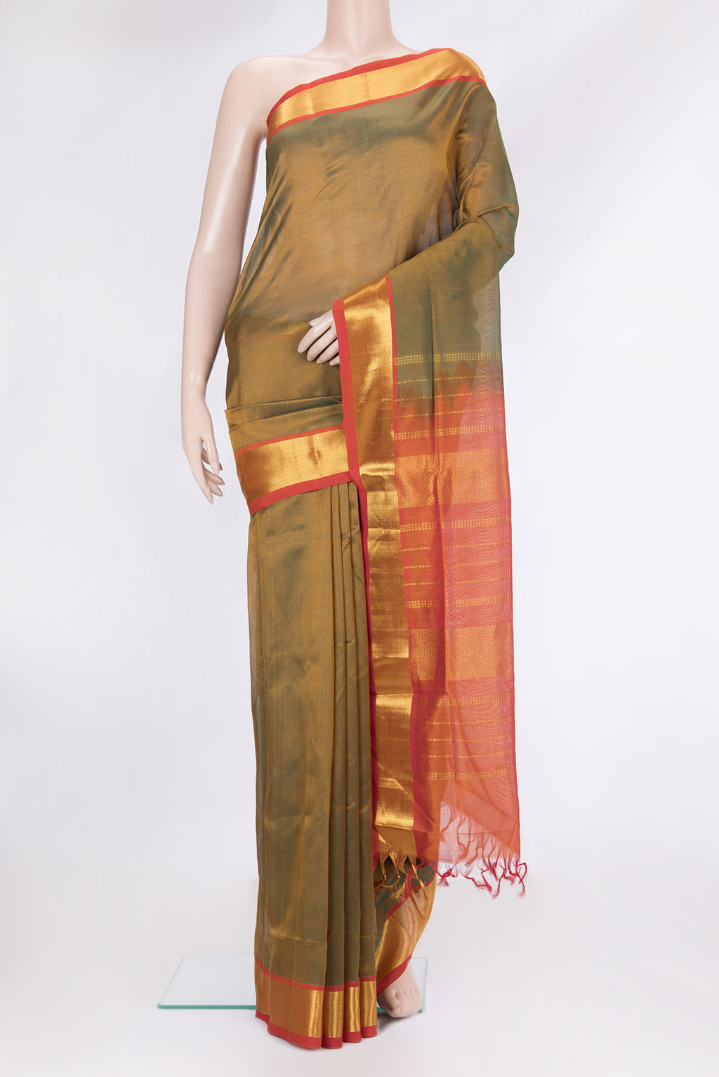 Mehandi Green Dual Tone Silk Cotton Saree with Plain Body and Zari Border.  displayed on a mannequin