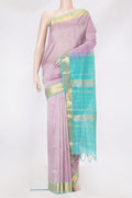 Lavender Silk Cotton Saree with Plain Body and Zari Border.  displayed on a mannequin