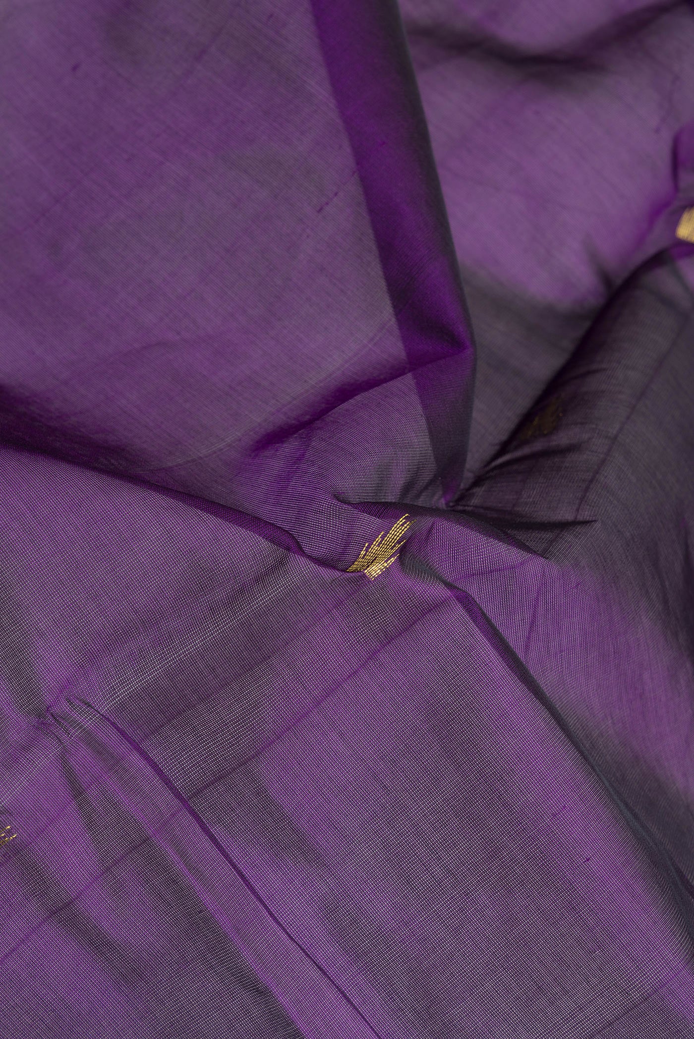 Close up of Violet Silk Cotton Saree with Zari Butta on the body and Zari Border.  displaying folds