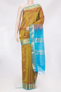 Mehandi Green Dual Tone Silk Cotton Saree with Zari Butta on the body and Zari Border.  displayed on a mannequin