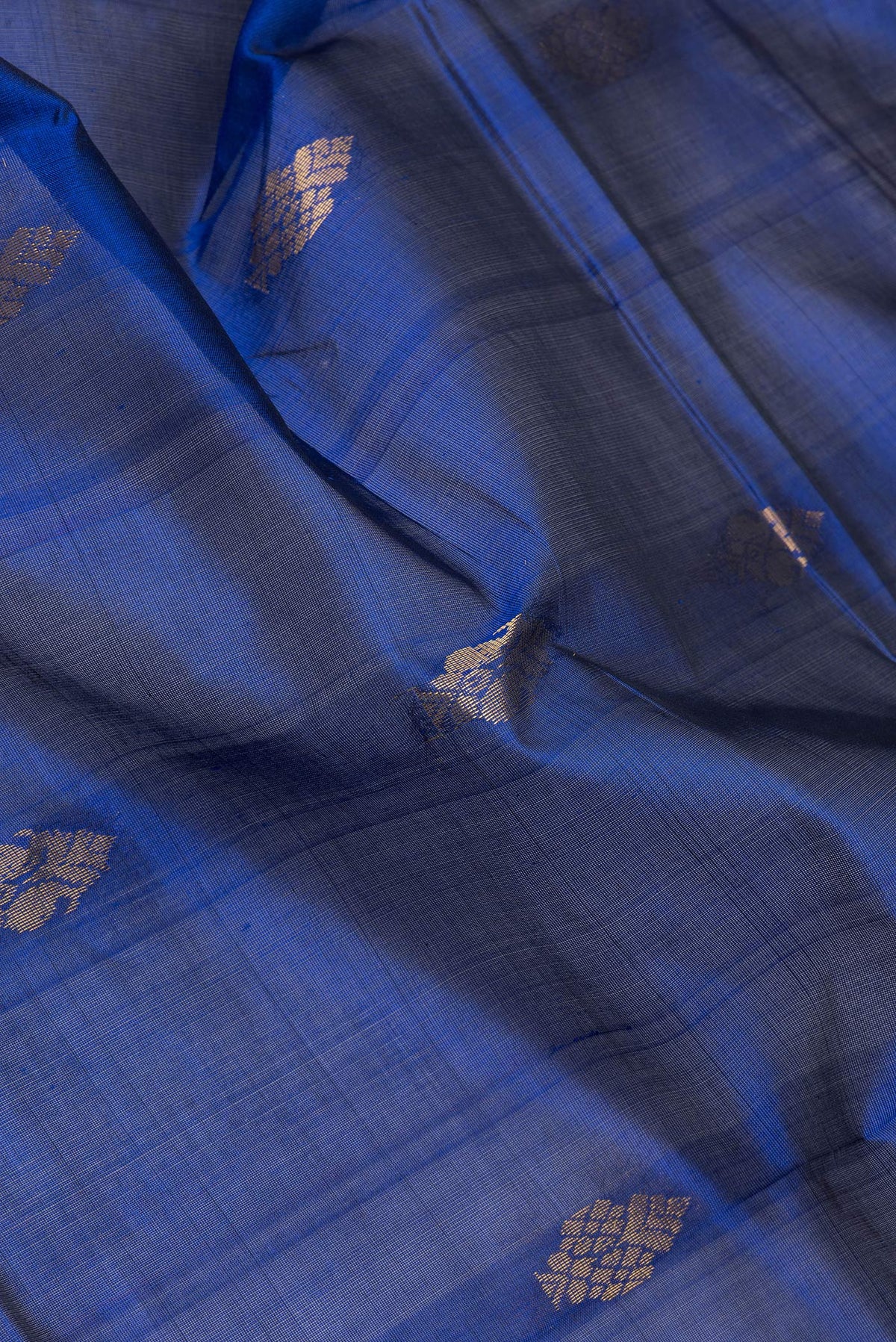 Close up of Royal Blue Silk Cotton Saree with Zari Butta on the body and Zari Border.  displaying folds