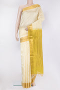 Cream Silk Cotton Saree with Zari Butta on the body and Zari Border.  displayed on a mannequin