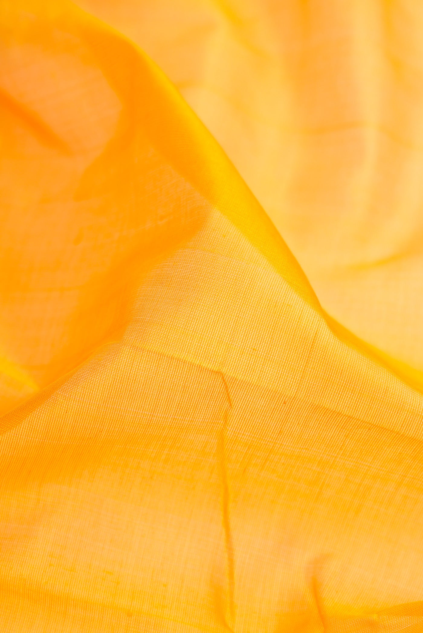 Close up of Yellow Dual Tone Silk Cotton Saree with Plain Body and Zari Border.  displaying folds