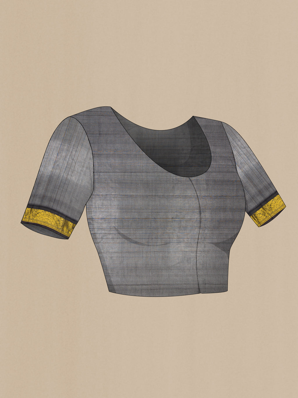 Close up image of the blouse of Peach Silk Cotton Saree with Plain Body and Zari Border. 