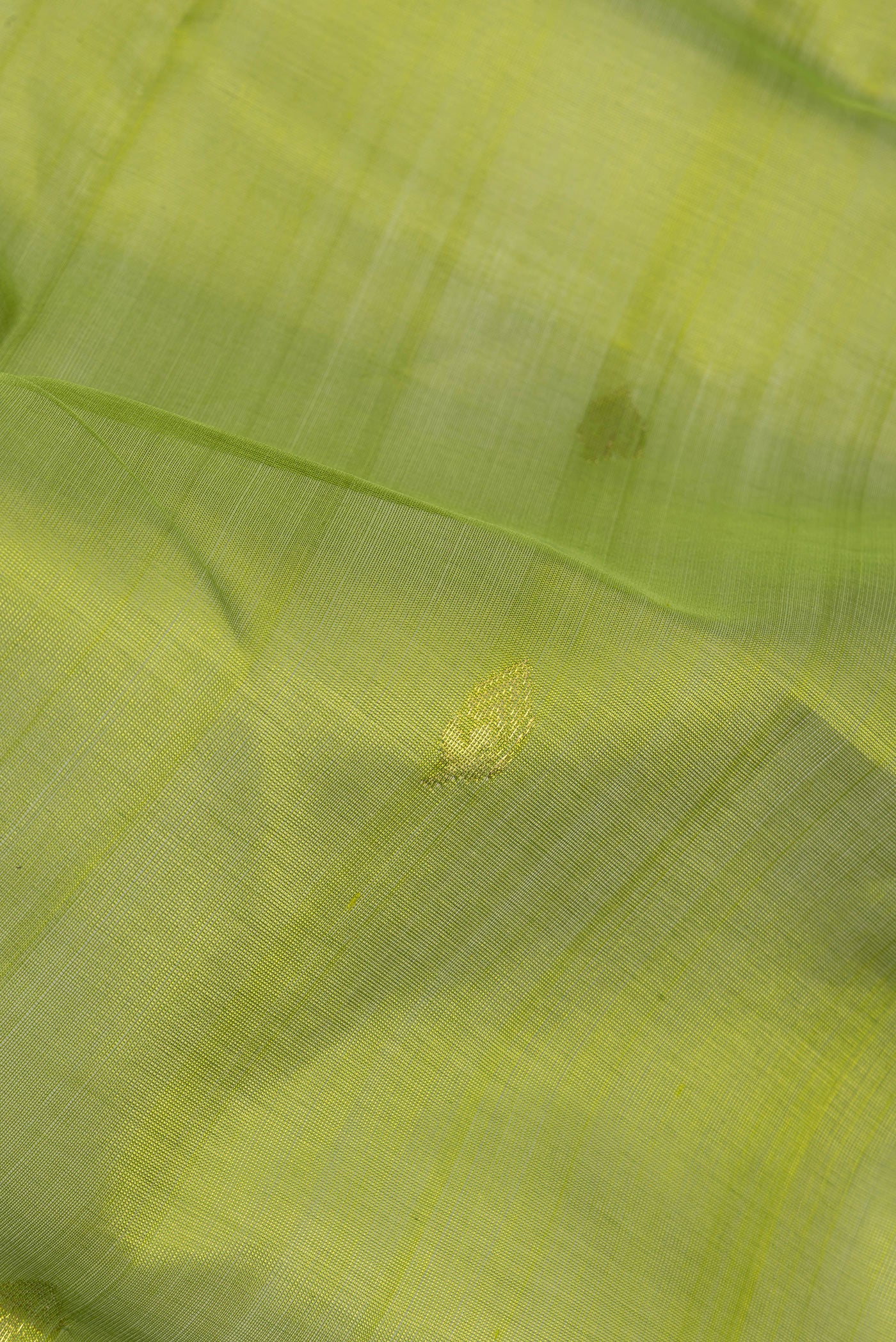 Close up of Green Dual Tone Silk Cotton Saree with Zari Butta on the body and Zari Border.  displaying folds