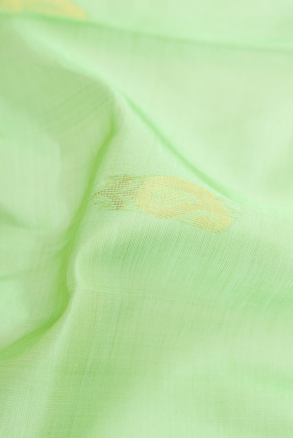 Close up of Pista Green Dual Tone Silk Cotton Saree with Zari Butta on the body and Zari Border.  displaying folds