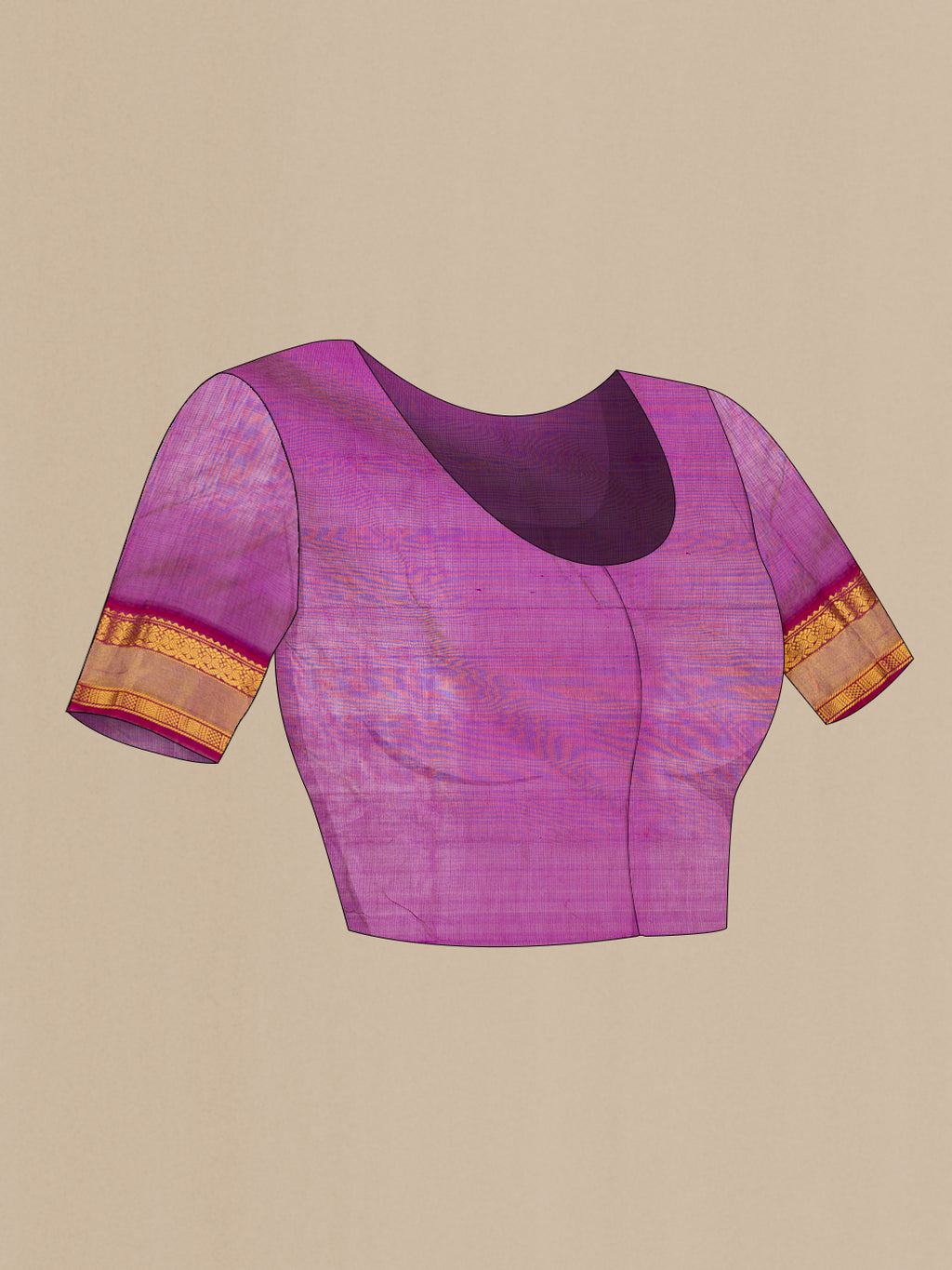 Close up image of the blouse of Golden Peach Dual Tone Silk Cotton Saree with Zari Butta on the body and Zari Border. 