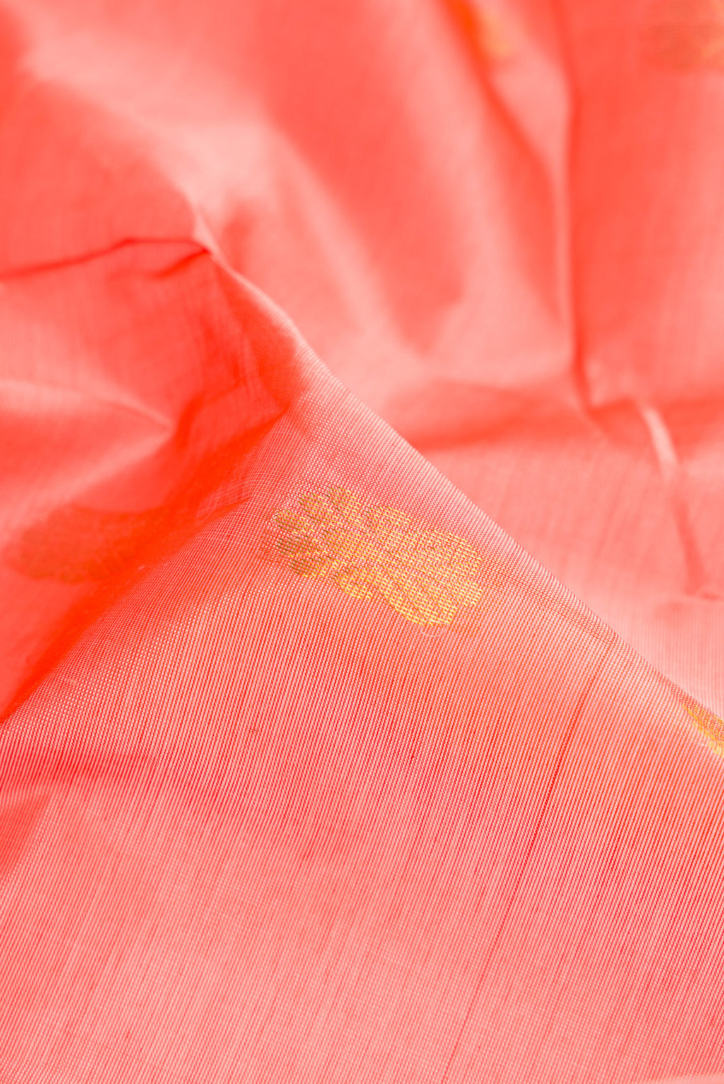Close up of Golden Peach Dual Tone Silk Cotton Saree with Zari Butta on the body and Zari Border.  displaying folds