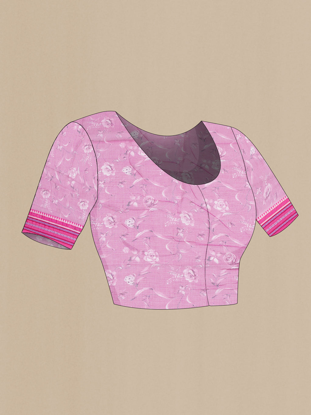 Close up image of the blouse of Pink Kota Silk Saree with Floral Print on the body and Thread Border. 