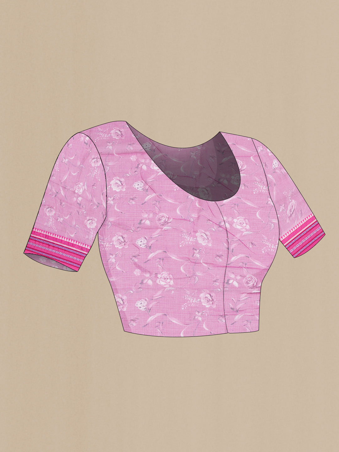 Close up image of the blouse of Pink Kota Silk Saree with Floral Print on the body and Thread Border. 