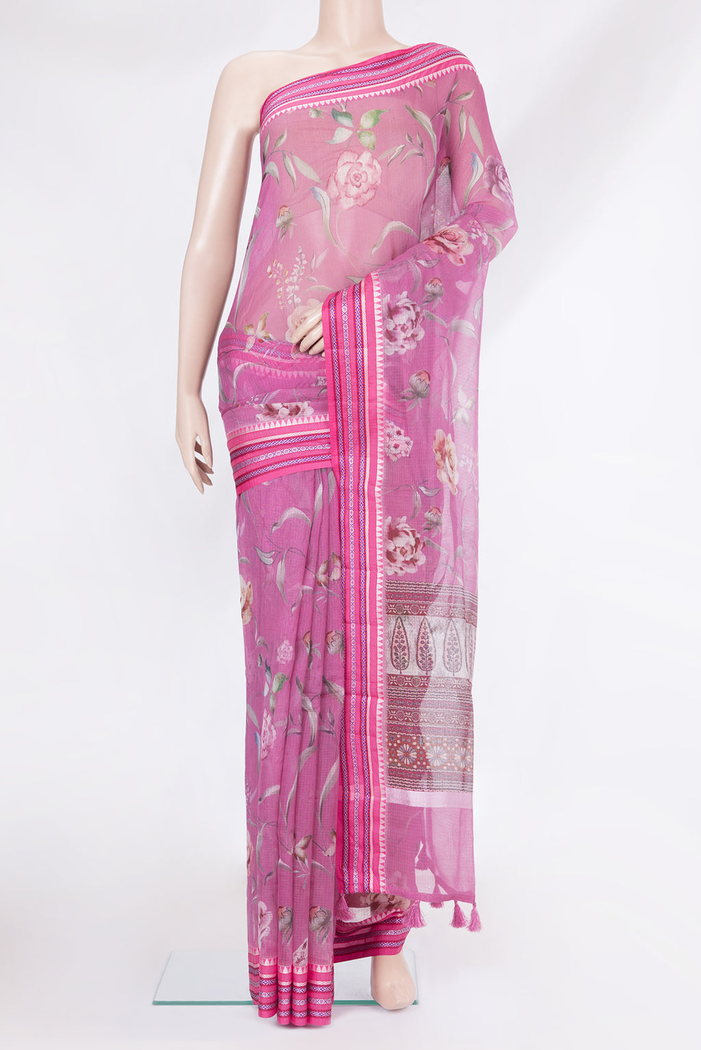 Pink Kota Silk Saree with Floral Print on the body and Thread Border.  displayed on a mannequin
