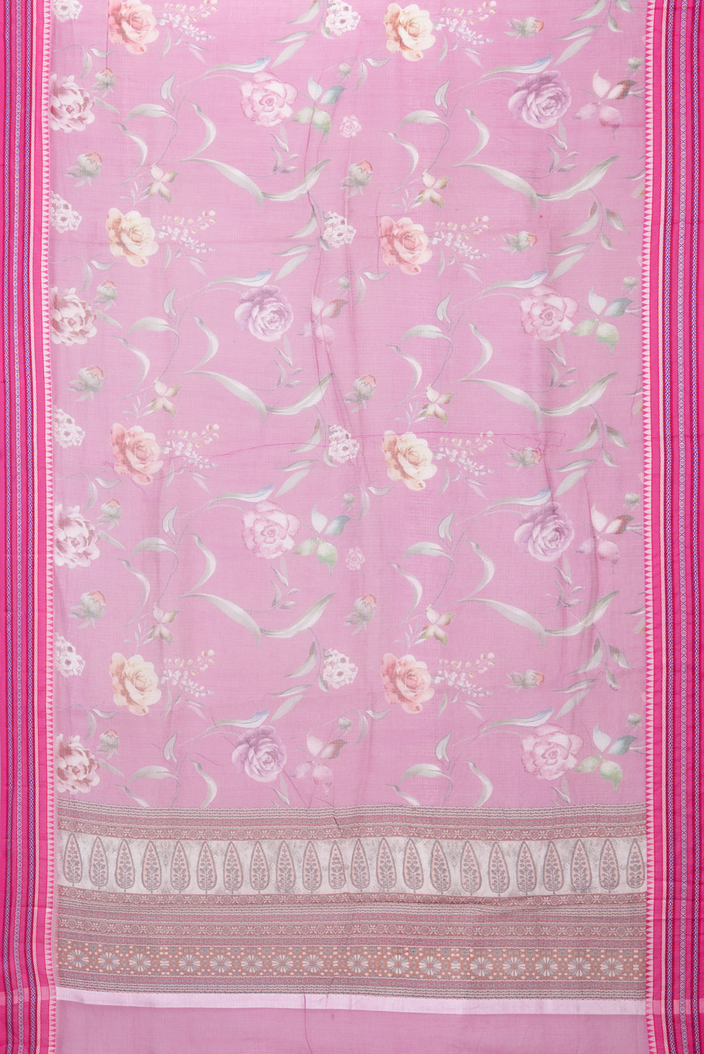 Flat view of Pink Kota Silk Saree with Floral Print on the body and Thread Border. 