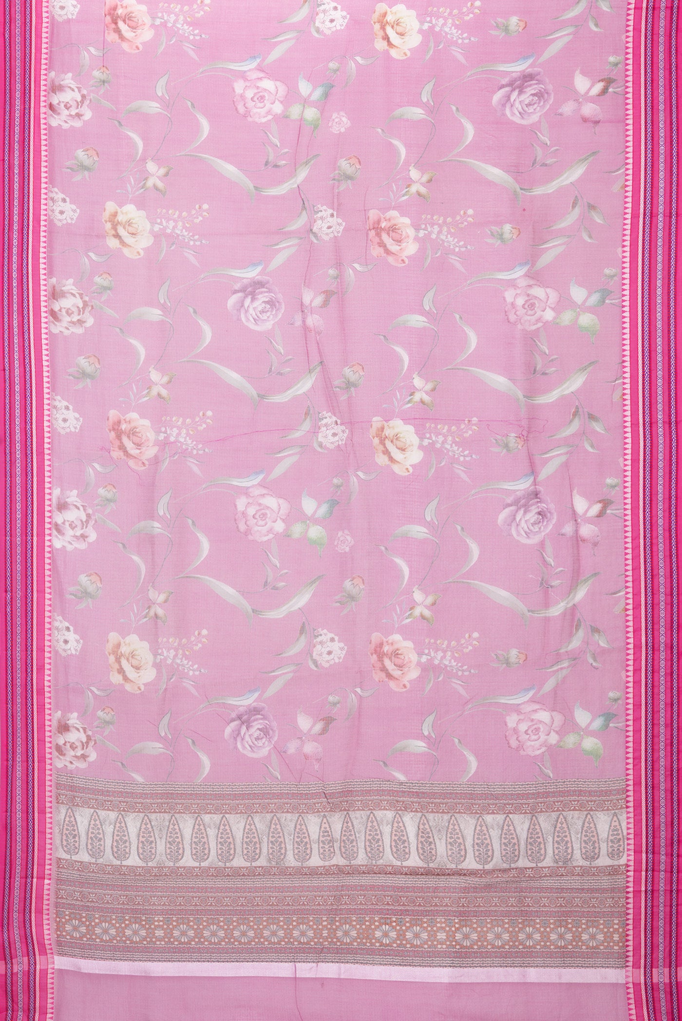 Flat view of Pink Kota Silk Saree with Floral Print on the body and Thread Border. 
