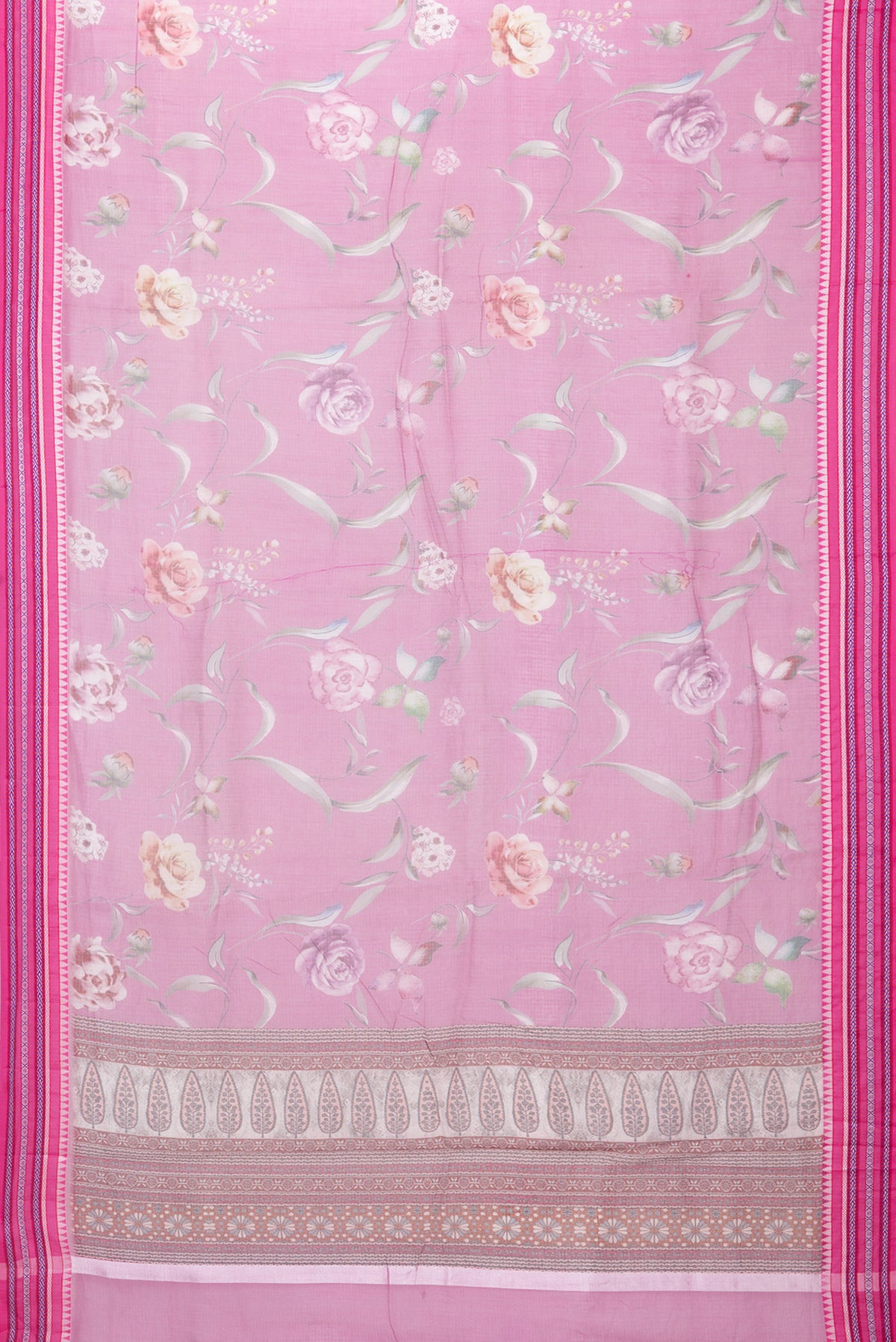 Flat view of Pink Kota Silk Saree with Floral Print on the body and Thread Border. 