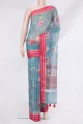 Blue Kota Silk Saree with Printed design on the body and Thread Border.  displayed on a mannequin