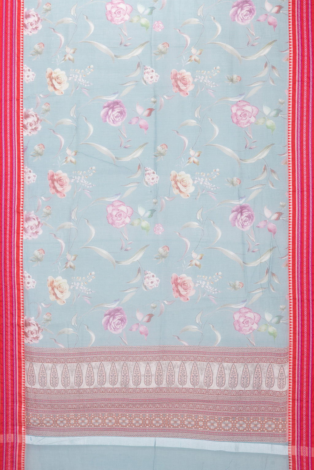 Flat view of Blue Kota Silk Saree with Printed design on the body and Thread Border. 