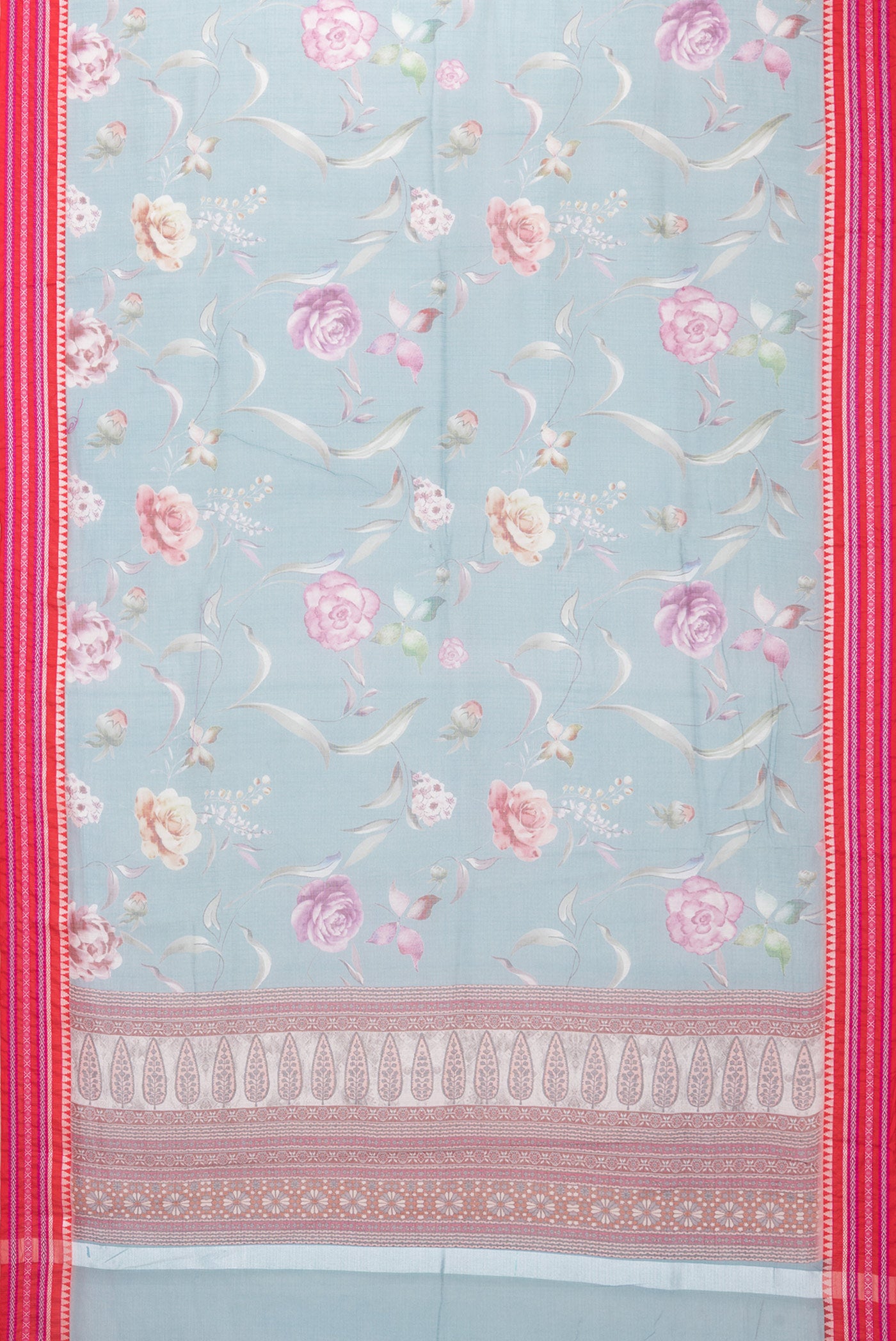 Flat view of Blue Kota Silk Saree with Printed design on the body and Thread Border. 