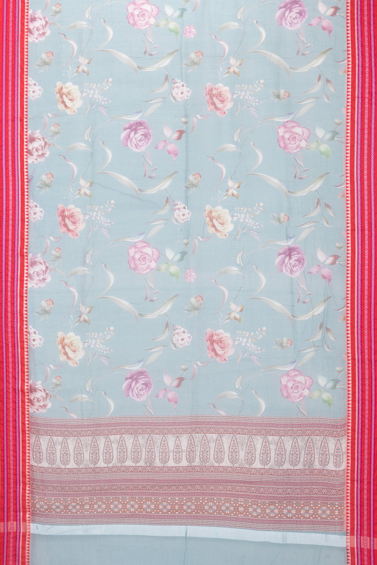 Flat view of Blue Kota Silk Saree with Printed design on the body and Thread Border. 