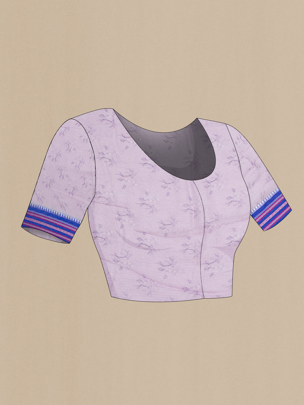 Close up image of the blouse of Lavender Kota Silk Saree with Printed design on the body and Thread Border. 